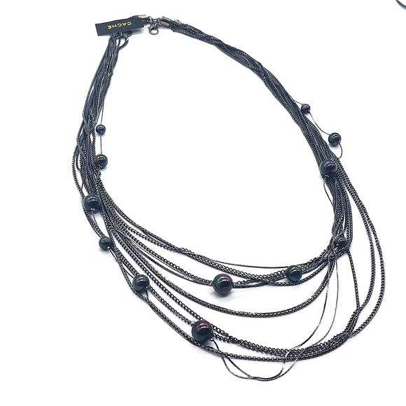 $58 CACHE 32" Layered Black Multi Strand Hematite Statement Necklace NWT - Picture 2 of 5